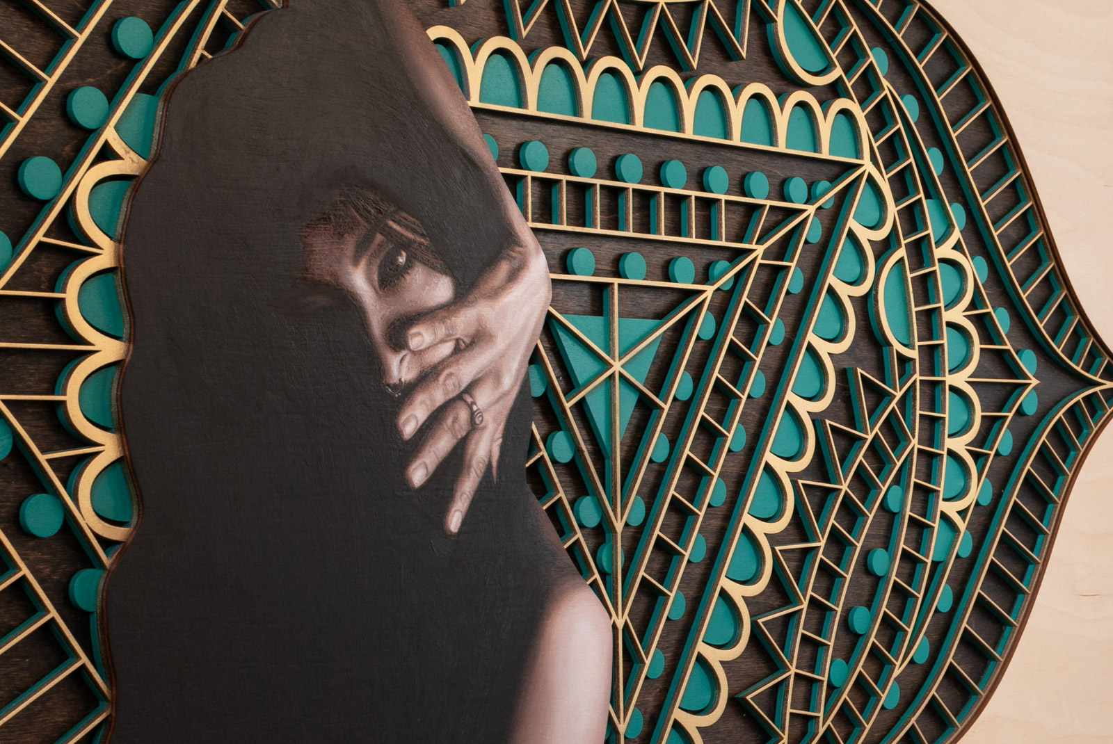 Celestina - Close up of Oil Painting on Geomatric Woodcut By Jodie Herrera